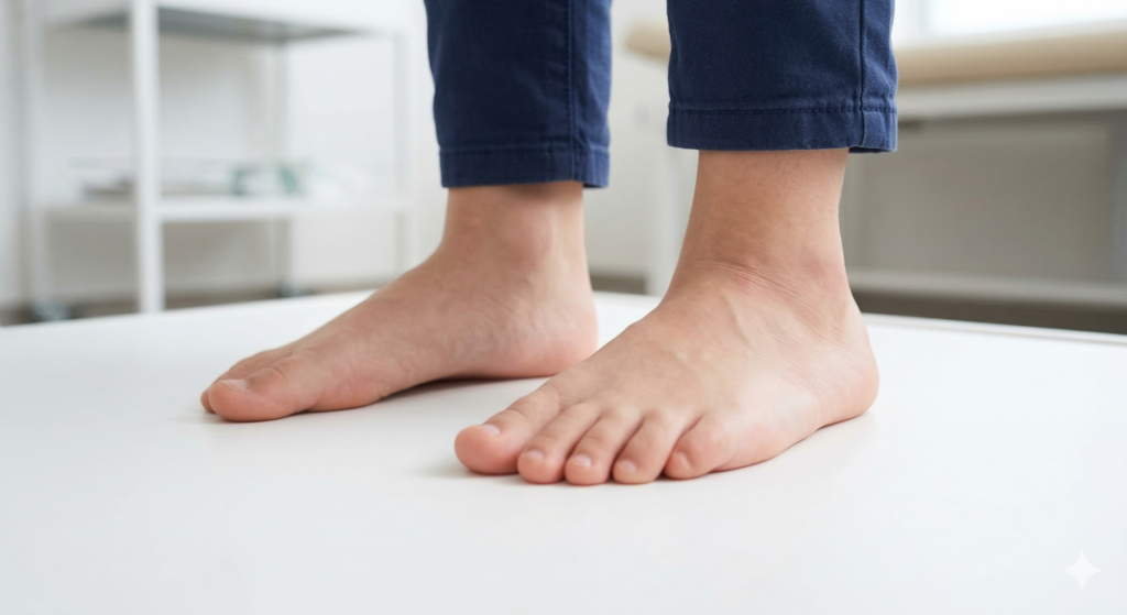 Differenza tra un piede piatto e un piede con arco plantare sviluppato in un bambino.