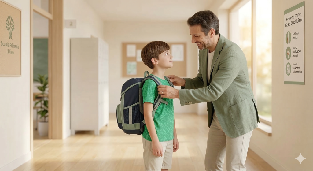 Un bambino che indossa correttamente uno zaino scolastico ergonomico aiutato da un adulto