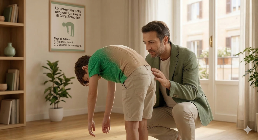 Esecuzione del Test di Adams a casa per lo screening della scoliosi nei bambini.