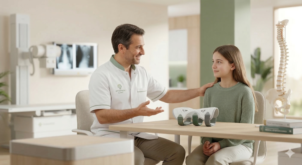 Dr. Sergio De Salvatore mentre spiega con empatia l'utilizzo del busto a un giovane paziente a Roma.